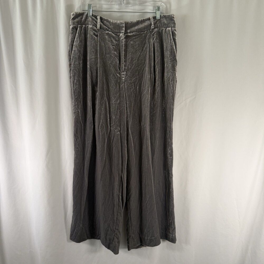 LOFT Velvet Plush Pants Women's 14P Grey Wide Leg High Rise Light Pleated
